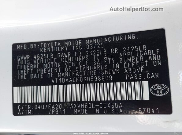 4T1DAACK0SU598809 2025 TOYOTA CAMRY White Engine compartment view