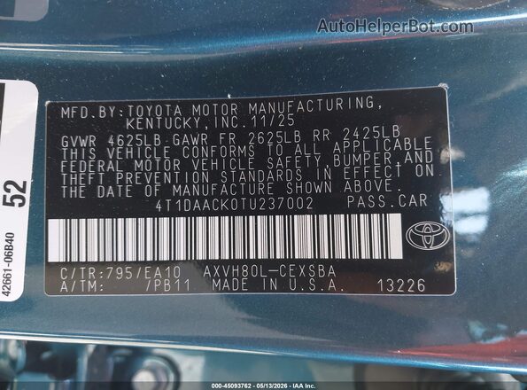 4T1DAACK0TU237002 2026 TOYOTA CAMRY Blue 