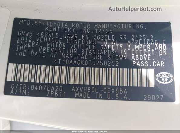 4T1DAACK0TU250252 2026 TOYOTA CAMRY White Вид підкапотного простору