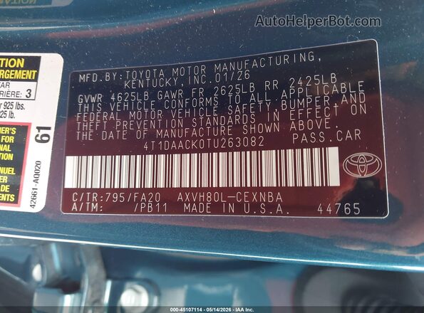 4T1DAACK0TU263082 2026 TOYOTA CAMRY Turquoise Engine compartment view