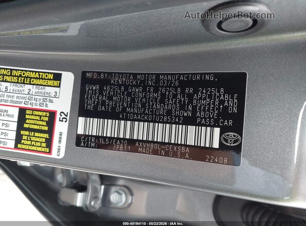 4T1DAACK0TU285342 2026 TOYOTA CAMRY Серый Вид подкапотного пространства