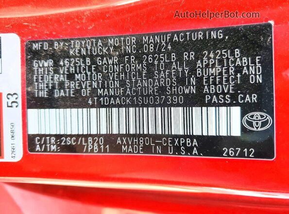 4T1DAACK1SU037390 2025 TOYOTA CAMRY Красный Вид наклейки с VIN-кодом