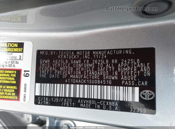 4T1DAACK1SU084516 2025 TOYOTA LE Silver ძრავის განყოფილების ხედი