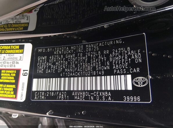 4T1DAACK1TU218149 2026 TOYOTA CAMRY Black Vista del compartimento del motor