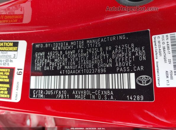 4T1DAACK1TU237896 2026 TOYOTA LE Red Вид підкапотного простору