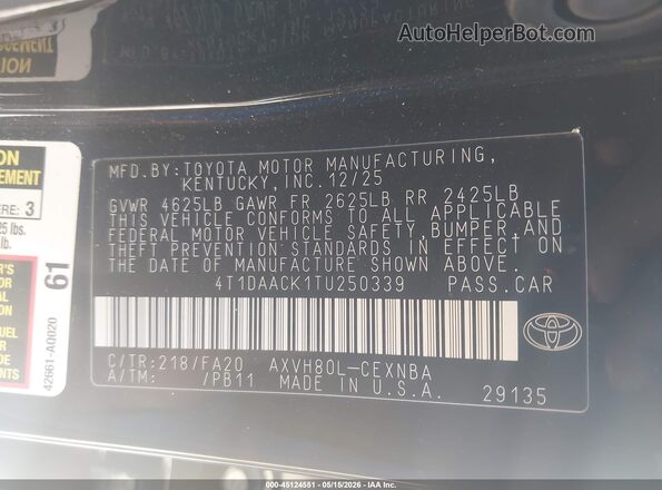 4T1DAACK1TU250339 2026 TOYOTA CAMRY Black Engine compartment view
