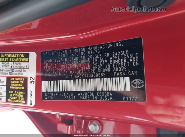 4T1DAACK1TU308885 2026 TOYOTA CAMRY Красный Вид подкапотного пространства