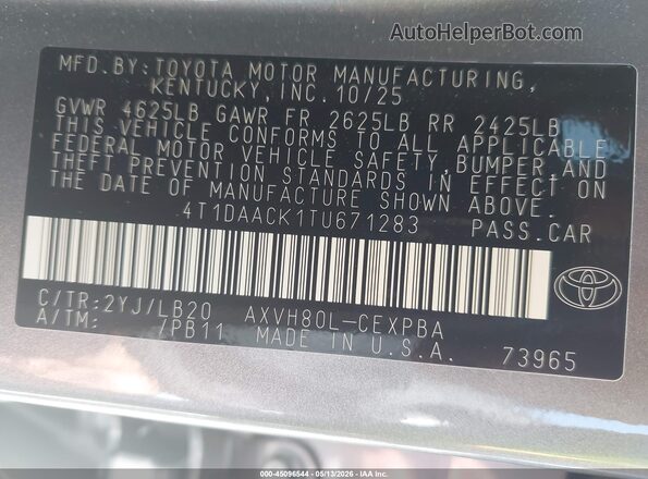 4T1DAACK1TU671283 2026 TOYOTA CAMRY Brown Engine compartment view