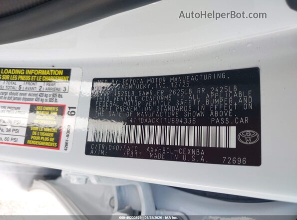 4T1DAACK1TU694336 2026 TOYOTA CAMRY Белый Вид подкапотного пространства