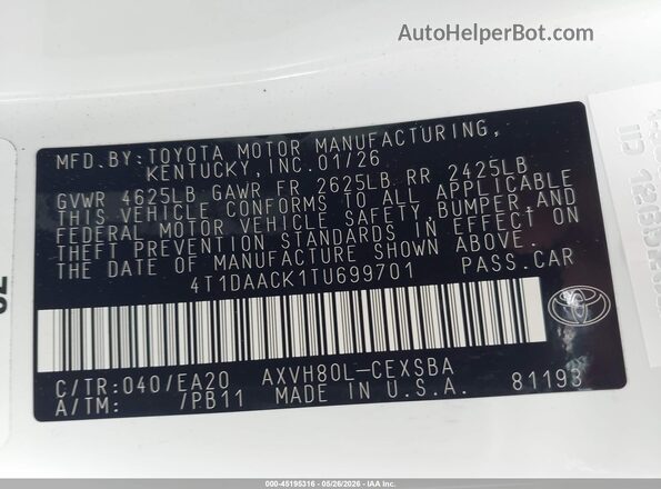 4T1DAACK1TU699701 2026 TOYOTA CAMRY White Widok komory silnika