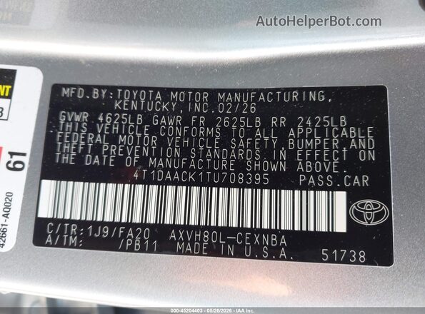 4T1DAACK1TU708395 2026 TOYOTA CAMRY Silver Вид підкапотного простору