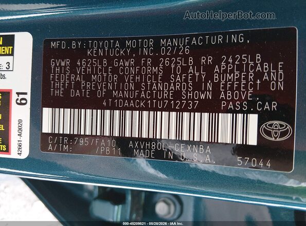 4T1DAACK1TU712737 2026 TOYOTA CAMRY Blue Շարժիչի բաժամունքի տեսք