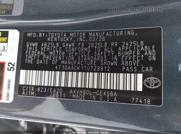 4T1DAACK1TU729912 2026 TOYOTA CAMRY Dark Blue Vista del compartimento del motor