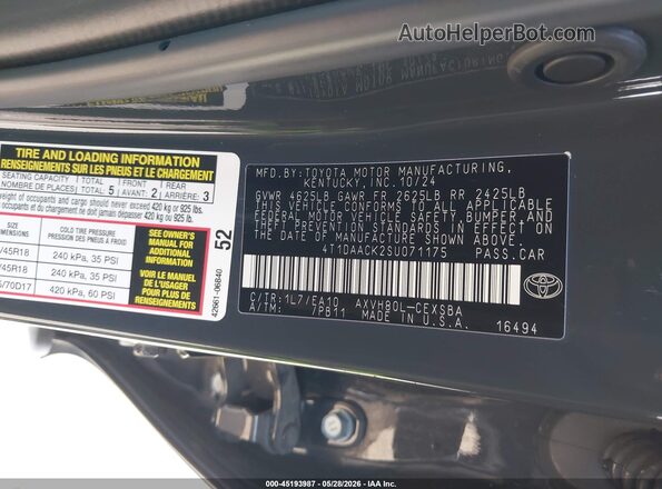 4T1DAACK2SU071175 2025 TOYOTA CAMRY Gray Vista del compartimento del motor