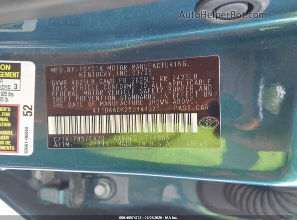 4T1DAACK2SU141371 2025 TOYOTA CAMRY Blue Widok komory silnika