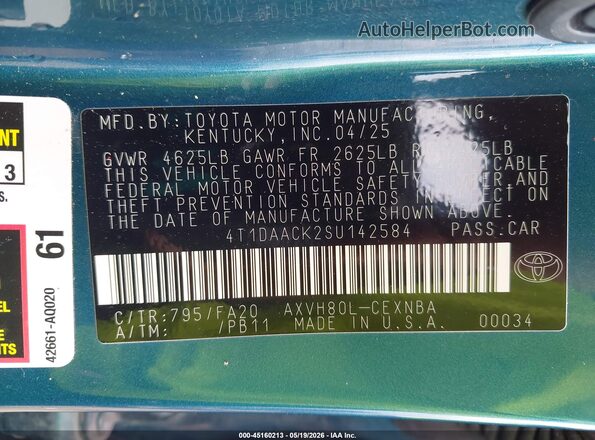 4T1DAACK2SU142584 2025 TOYOTA CAMRY Blue Вид підкапотного простору