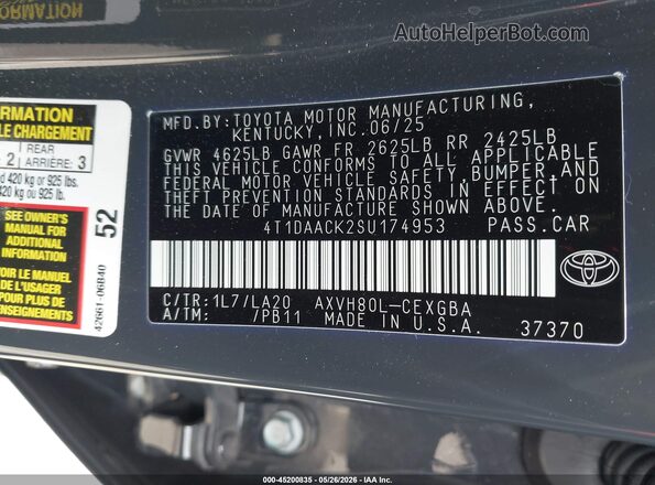 4T1DAACK2SU174953 2025 TOYOTA CAMRY Gray Շարժիչի բաժամունքի տեսք