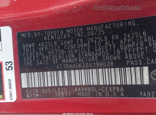 4T1DAACK2SU198038 2025 TOYOTA CAMRY Red Շարժիչի բաժամունքի տեսք