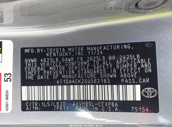 4T1DAACK2SU562183 2025 TOYOTA CAMRY Gray Engine compartment view
