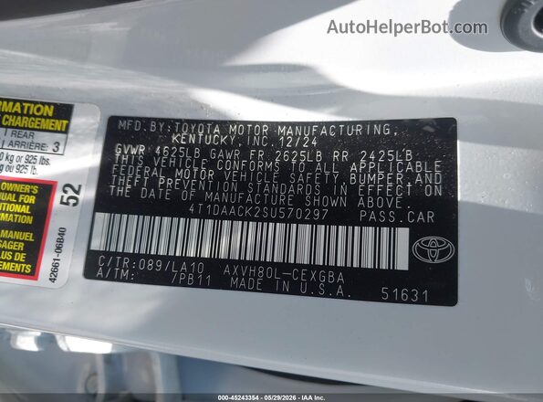 4T1DAACK2SU570297 2025 TOYOTA CAMRY White Շարժիչի բաժամունքի տեսք