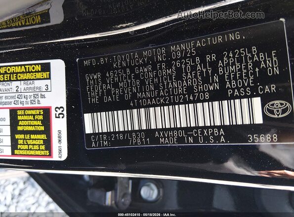 4T1DAACK2TU214708 2026 TOYOTA CAMRY Black 