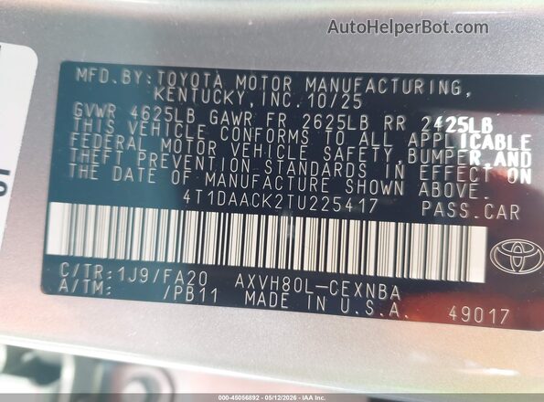 4T1DAACK2TU225417 2026 TOYOTA LE Silver 