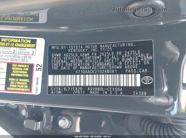 4T1DAACK2TU246381 2026 TOYOTA CAMRY Black Vista del compartimento del motor