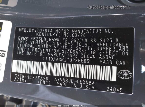 4T1DAACK2TU286685 2026 TOYOTA LE Gray 
