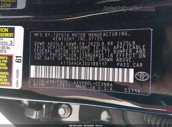 4T1DAACK3SU188117 2025 TOYOTA CAMRY Черный Вид подкапотного пространства