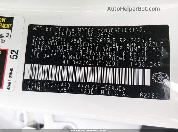 4T1DAACK3SU512991 2025 TOYOTA CAMRY White ძრავის განყოფილების ხედი