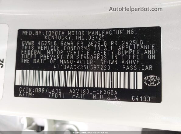 4T1DAACK3SU597220 2025 TOYOTA CAMRY White Widok komory silnika