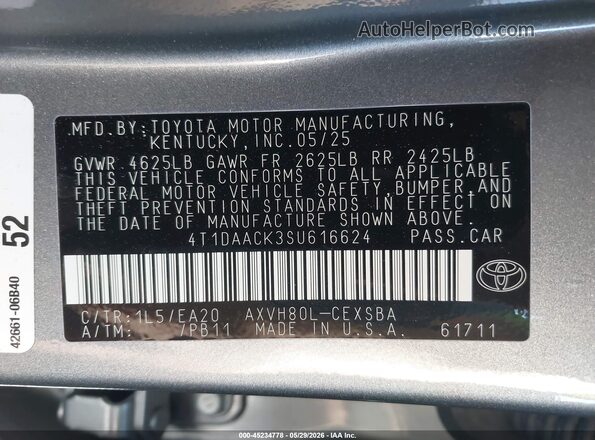 4T1DAACK3SU616624 2025 TOYOTA CAMRY Gray Vista del compartimento del motor