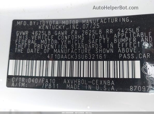 4T1DAACK3SU632161 2025 TOYOTA LE Белый Вид подкапотного пространства