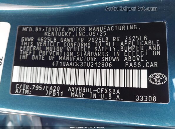 4T1DAACK3TU212806 2026 TOYOTA CAMRY Blue Engine compartment view