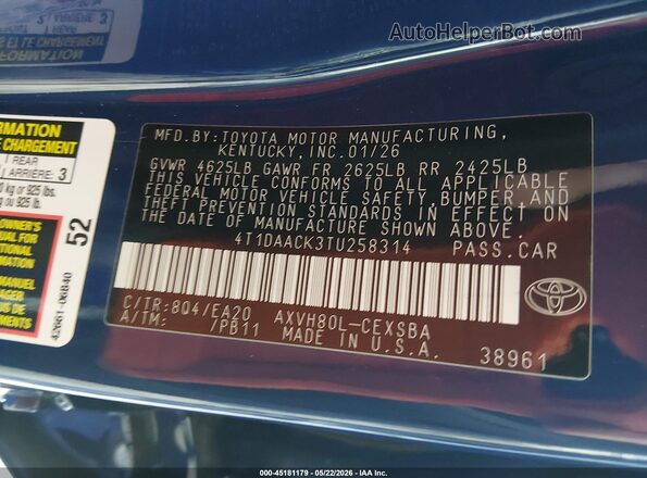 4T1DAACK3TU258314 2026 TOYOTA CAMRY Blue Вид підкапотного простору
