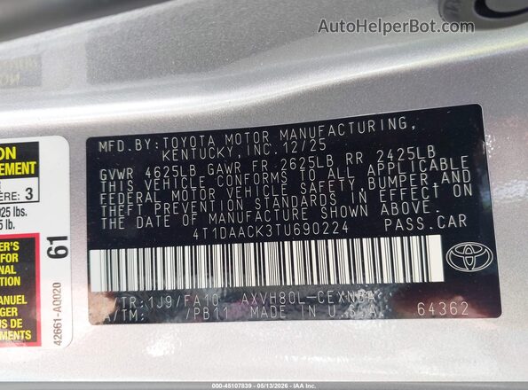 4T1DAACK3TU690224 2026 TOYOTA LE Silver Вид підкапотного простору