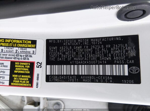 4T1DAACK4SU073414 2025 TOYOTA CAMRY White Շարժիչի բաժամունքի տեսք
