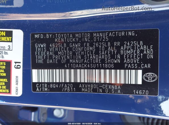 4T1DAACK4SU111806 2025 TOYOTA CAMRY Blue Vista del compartimento del motor