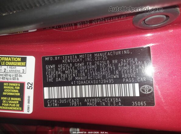 4T1DAACK4SU129495 2025 TOYOTA CAMRY Red Widok komory silnika