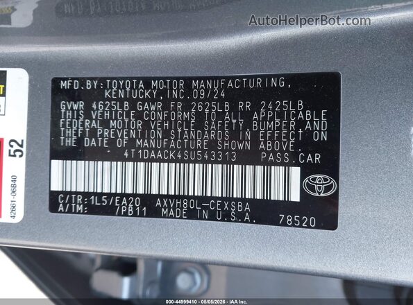 4T1DAACK4SU543313 2025 TOYOTA CAMRY Gray Widok komory silnika