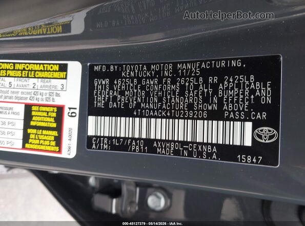 4T1DAACK4TU239206 2026 TOYOTA CAMRY Gray Engine compartment view