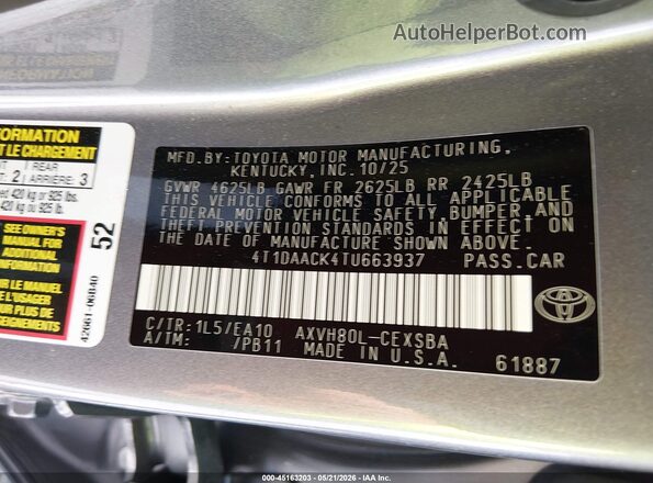 4T1DAACK4TU663937 2026 TOYOTA CAMRY Серый 