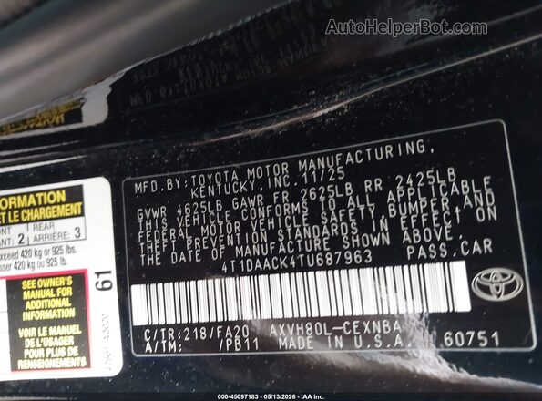 4T1DAACK4TU687963 2026 TOYOTA LE Черный Вид подкапотного пространства