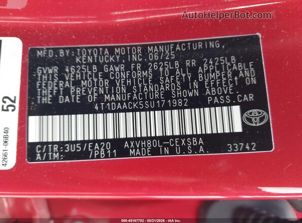 4T1DAACK5SU171982 2025 TOYOTA CAMRY Red Widok komory silnika