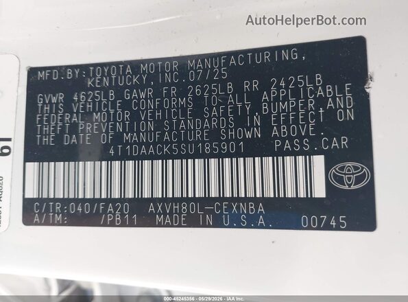 4T1DAACK5SU185901 2025 TOYOTA CAMRY Белый Вид подкапотного пространства