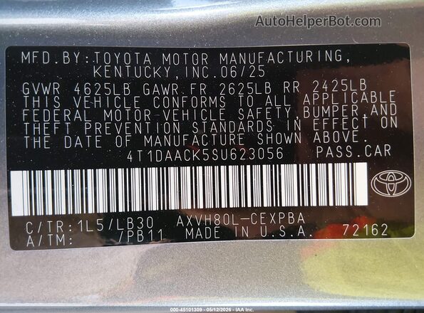 4T1DAACK5SU623056 2025 TOYOTA CAMRY Gray Շարժիչի բաժամունքի տեսք