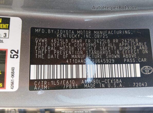 4T1DAACK5SU645929 2025 TOYOTA CAMRY Серебряный 