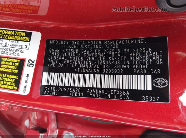 4T1DAACK5TU295932 2026 TOYOTA CAMRY Красный 