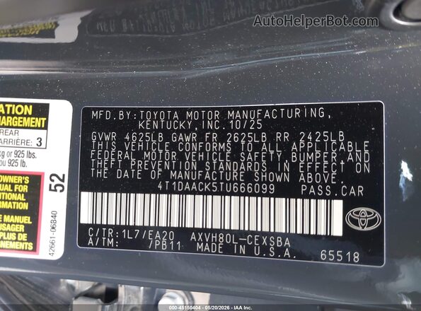 4T1DAACK5TU666099 2026 TOYOTA CAMRY Серый Вид подкапотного пространства
