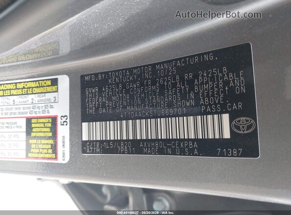4T1DAACK5TU669701 2026 TOYOTA CAMRY Gray Vista del compartimento del motor